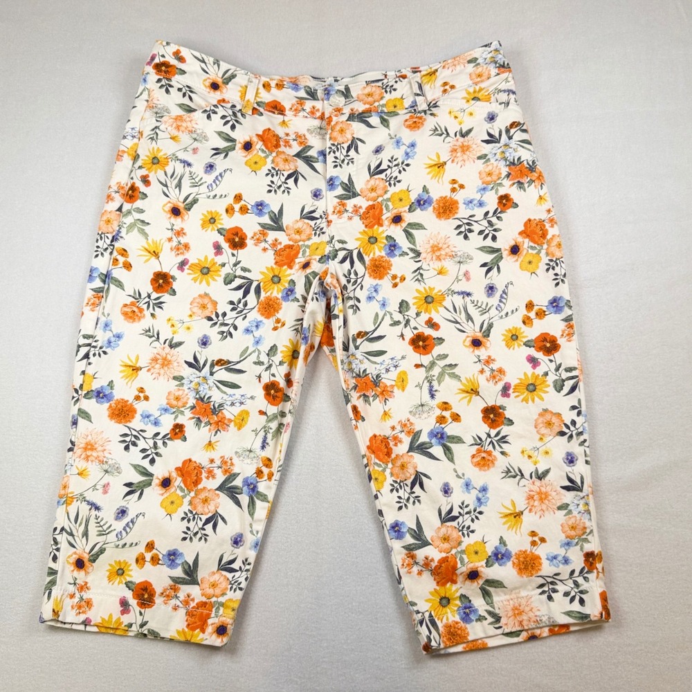 St. Johns Bay Womens Floral Capri Pants Orange Yellow Blue Size 14P Cropped